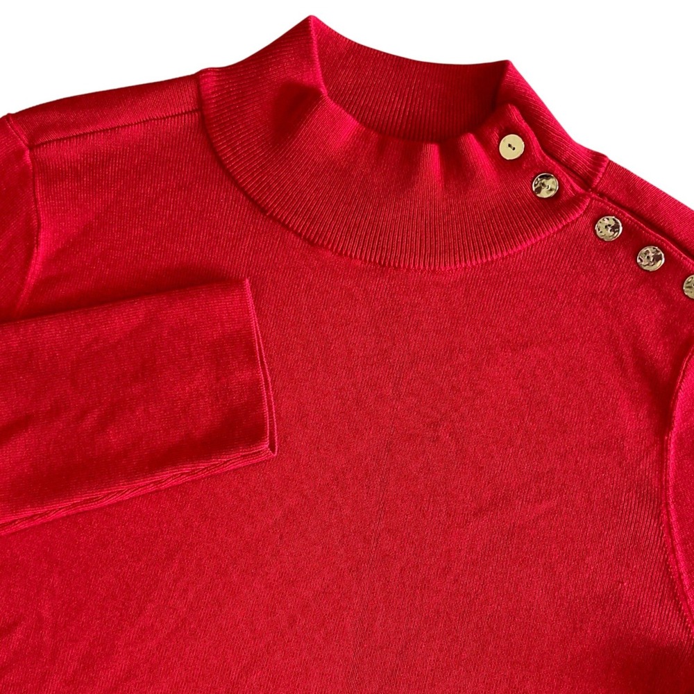 Chicos Top Size 1 M Red Mock Neck Button Shoulder Sweater 570349352 Long Sleeve